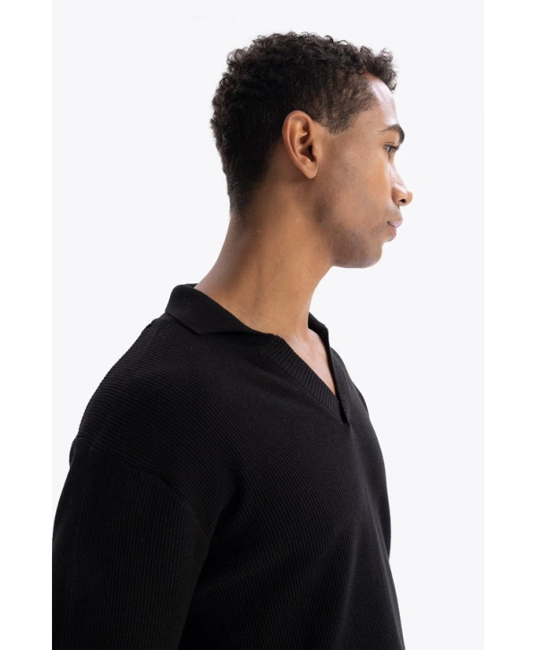 Erkek Polo Yaka Uzun Kol Örme Triko - Siyah