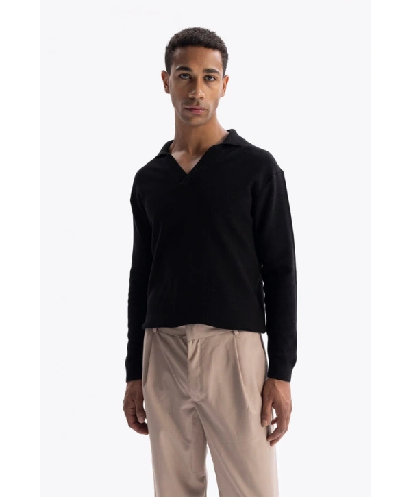 Erkek Polo Yaka Uzun Kol Örme Triko - Siyah