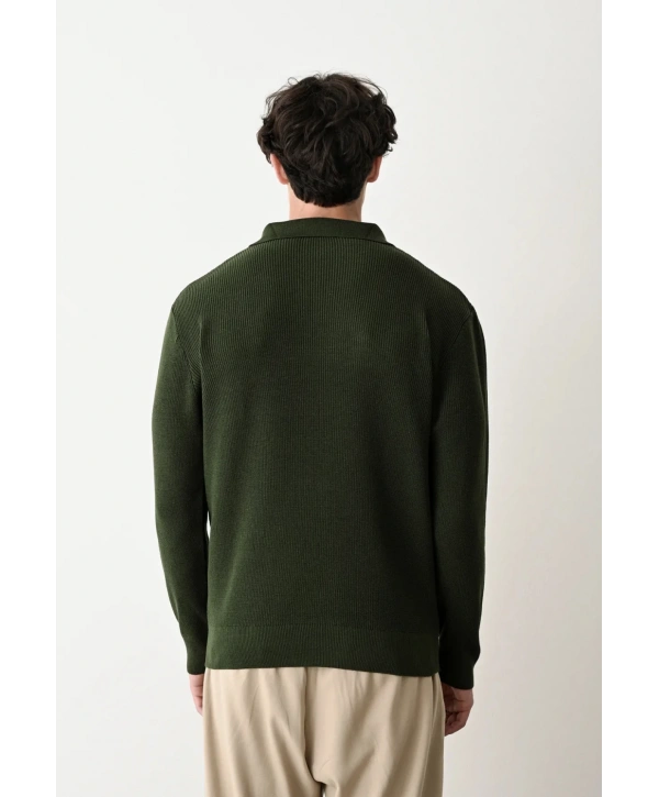 Erkek Polo Yaka Uzun Kol Örme Triko - Yeşil