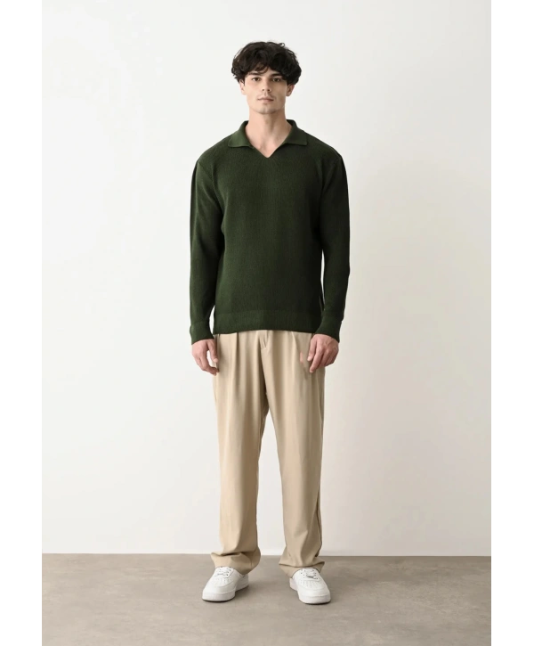 Erkek Polo Yaka Uzun Kol Örme Triko - Yeşil