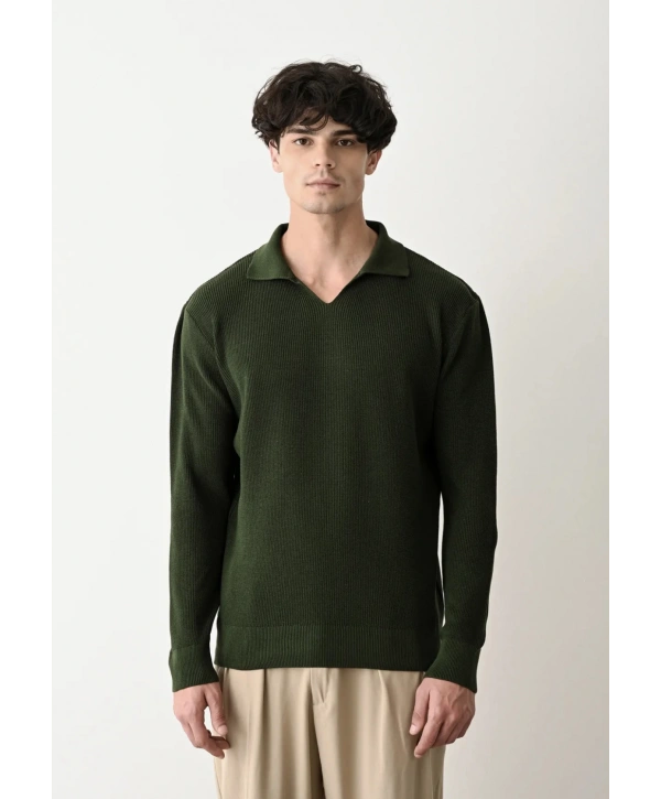 Erkek Polo Yaka Uzun Kol Örme Triko - Yeşil