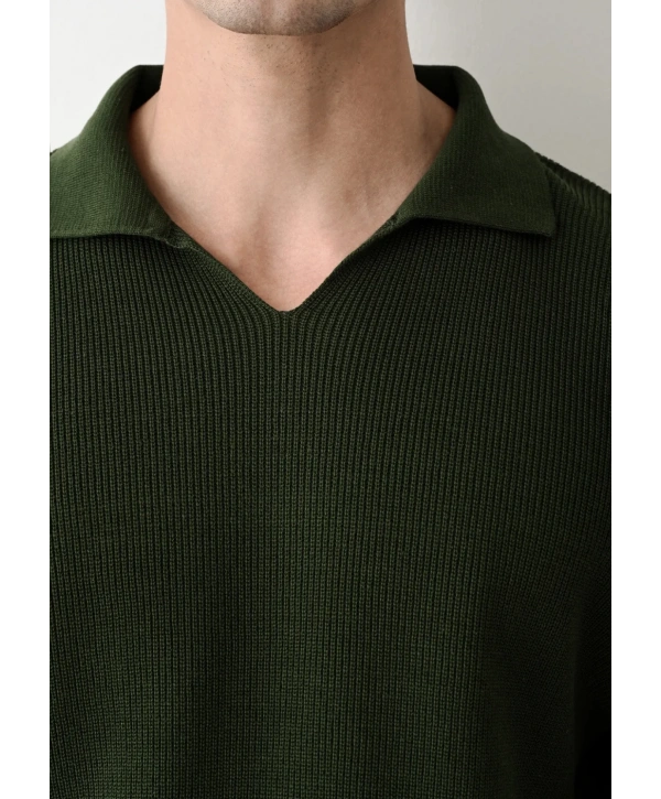 Erkek Polo Yaka Uzun Kol Örme Triko - Yeşil