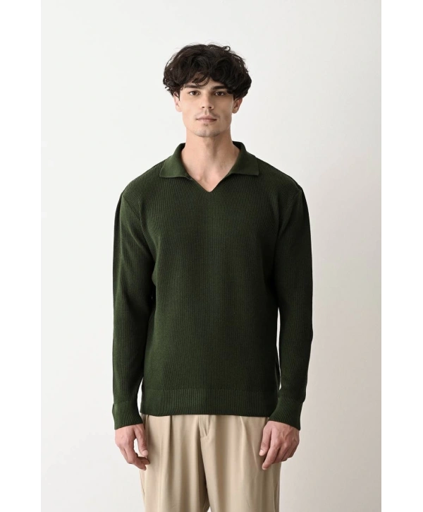 Erkek Polo Yaka Uzun Kol Örme Triko - Yeşil
