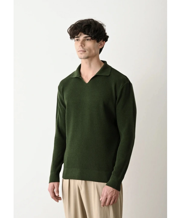 Erkek Polo Yaka Uzun Kol Örme Triko - Yeşil
