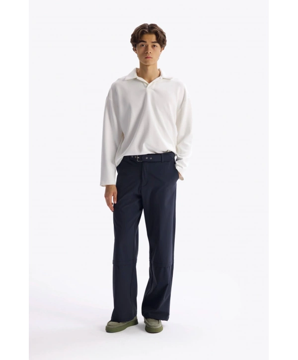 Erkek Polo Yaka Uzun Kol Sweat - Beyaz