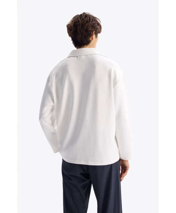 Erkek Polo Yaka Uzun Kol Sweat - Beyaz