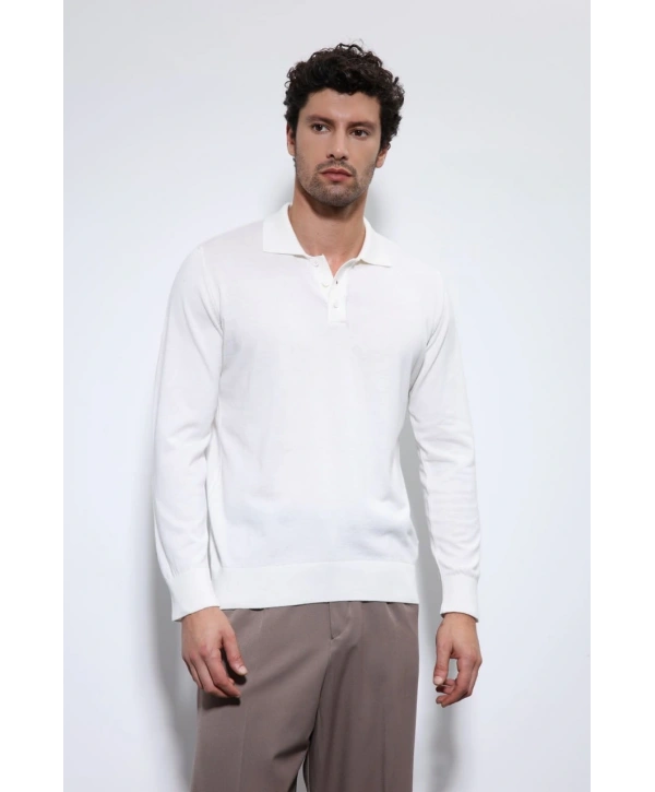 Erkek Polo Yaka Uzunkol Pamuklu Triko -Beyaz