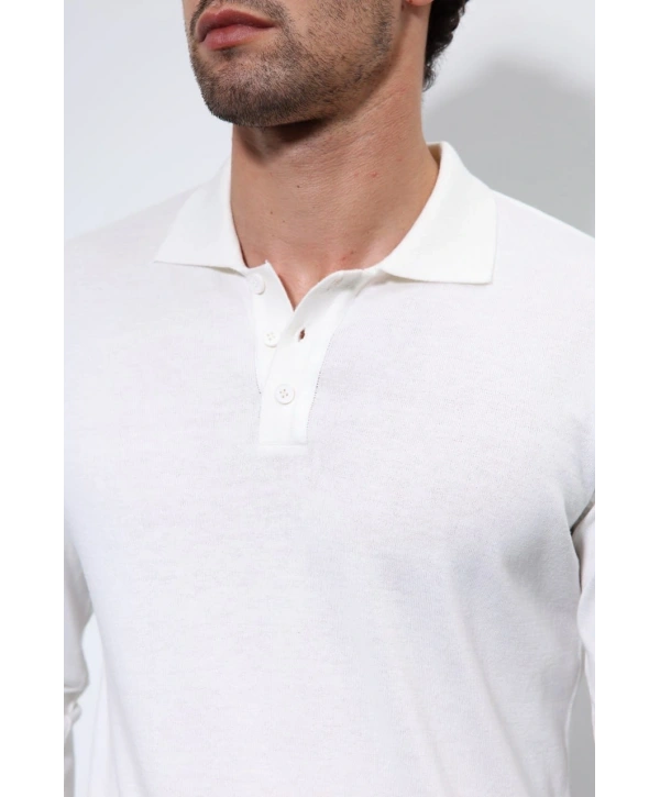 Erkek Polo Yaka Uzunkol Pamuklu Triko -Beyaz