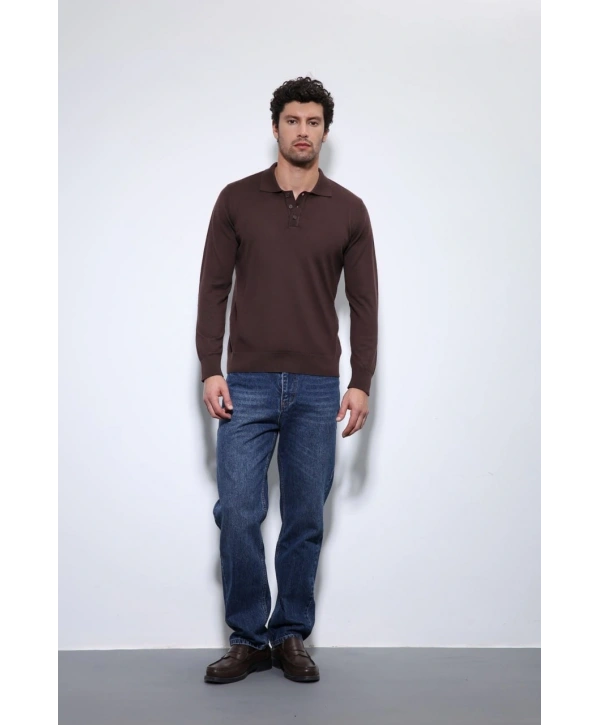Erkek Polo Yaka Uzunkol Pamuklu Triko -Kahverengi