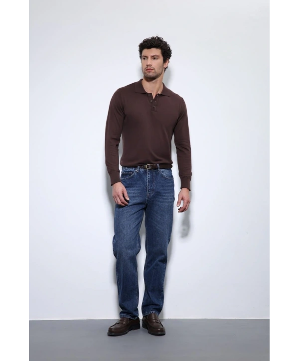 Erkek Polo Yaka Uzunkol Pamuklu Triko -Kahverengi