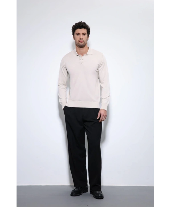 Erkek Polo Yaka Uzunkol Pamuklu Triko -Krem