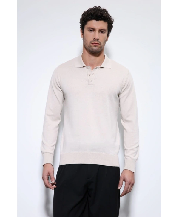 Erkek Polo Yaka Uzunkol Pamuklu Triko -Krem
