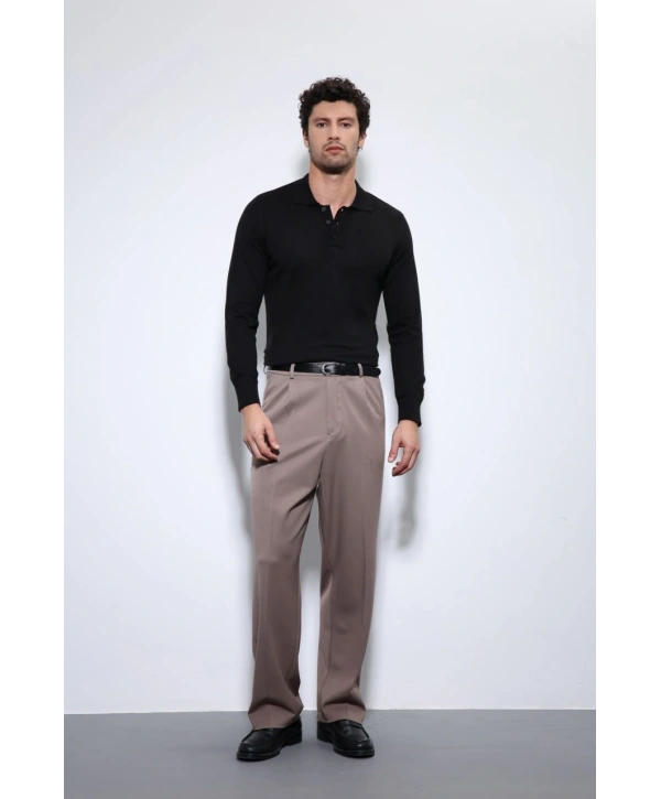 Erkek Polo Yaka Uzunkol Pamuklu Triko -Siyah