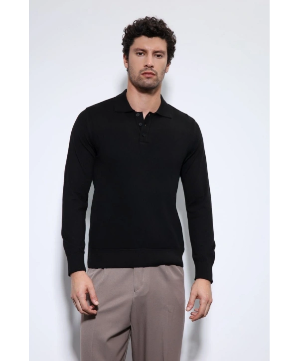 Erkek Polo Yaka Uzunkol Pamuklu Triko -Siyah
