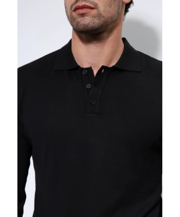 Erkek Polo Yaka Uzunkol Pamuklu Triko -Siyah