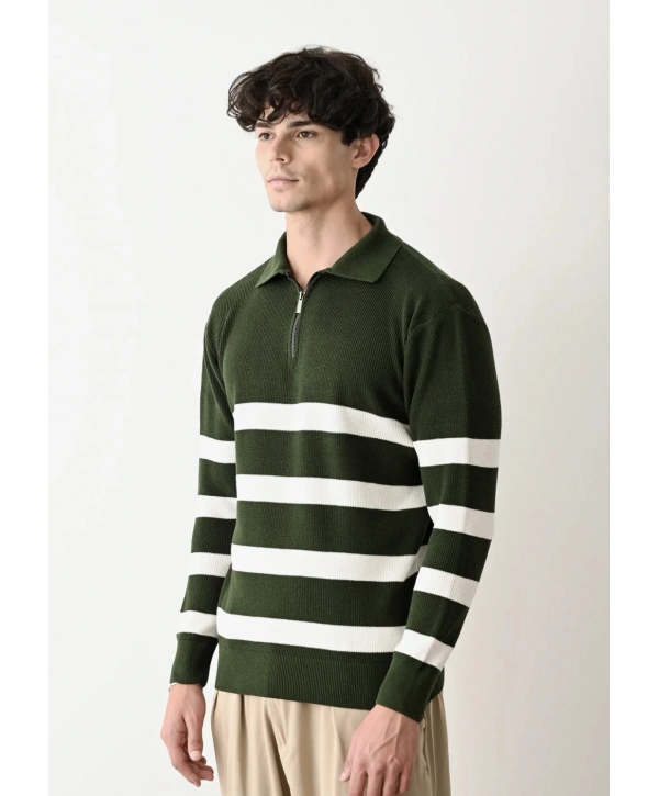 Erkek Polo Yaka Yakası Fermuarlı Uzun Kol Çizgili Triko - Yeşil