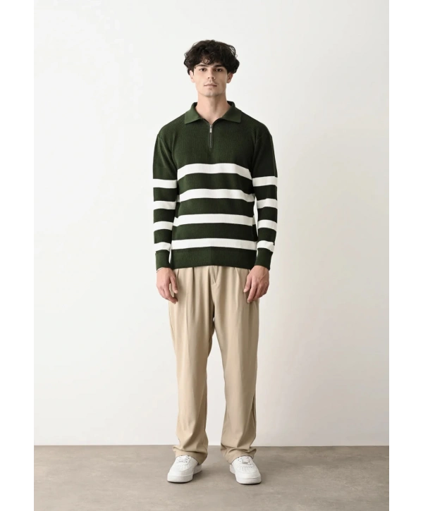 Erkek Polo Yaka Yakası Fermuarlı Uzun Kol Çizgili Triko - Yeşil