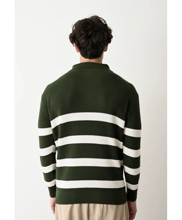 Erkek Polo Yaka Yakası Fermuarlı Uzun Kol Çizgili Triko - Yeşil