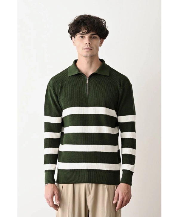 Erkek Polo Yaka Yakası Fermuarlı Uzun Kol Çizgili Triko - Yeşil