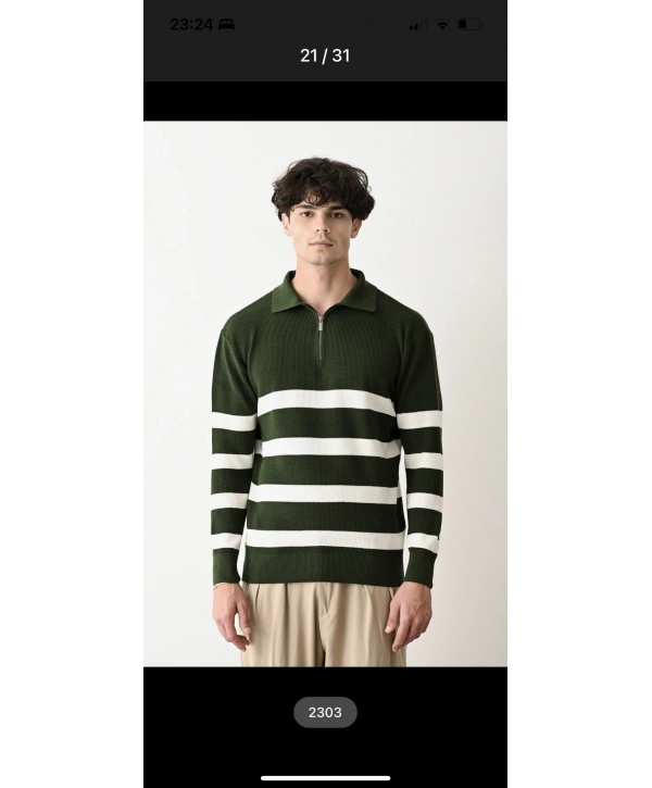 Erkek Polo Yaka Yakası Fermuarlı Uzun Kol Çizgili Triko - Yeşil