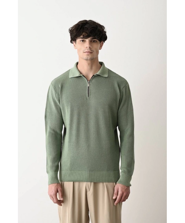 Erkek Polo Yaka Yakası Fermuarlı Uzun Kol Örme Triko - Gri