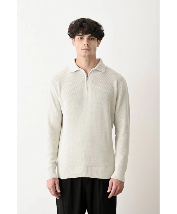 Erkek Polo Yaka Yakası Fermuarlı Uzun Kol Örme Triko - Gri