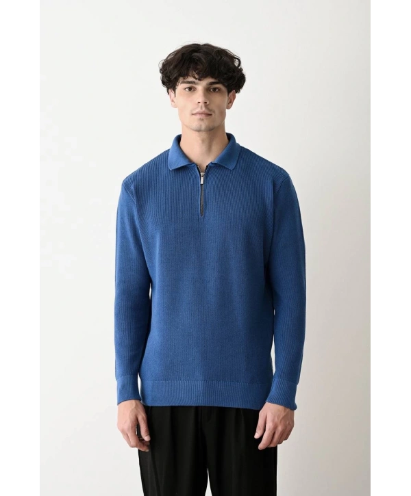 Erkek Polo Yaka Yakası Fermuarlı Uzun Kol Örme Triko - Gri