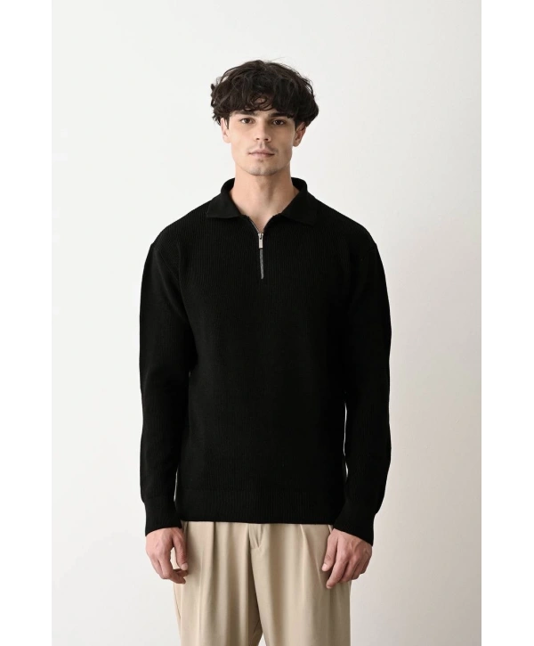 Erkek Polo Yaka Yakası Fermuarlı Uzun Kol Örme Triko - Gri