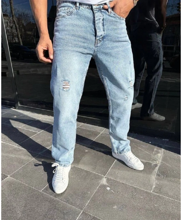 Erkek Rahat Kalıp Baggy Kar Yıkama Yırtık Kot Pantolon - Mavi