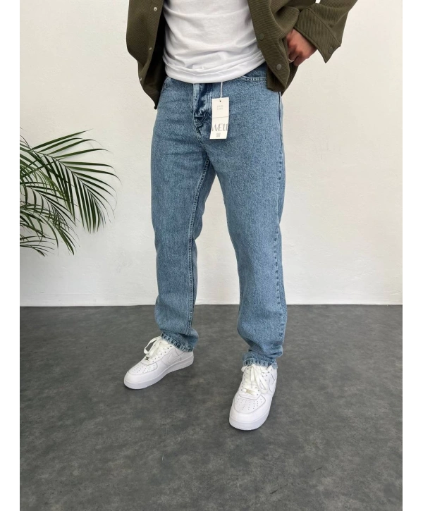 Erkek Rahat Kalıp Baggy Kar Yıkamalı Kot Pantolon - Mavi