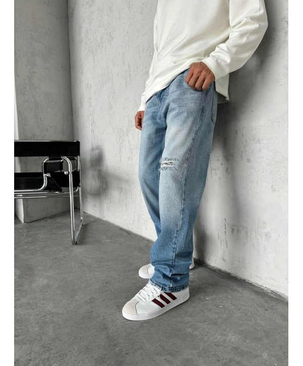 Erkek Rahat Kalıp Baggy Kot Pantolon -A Mavi