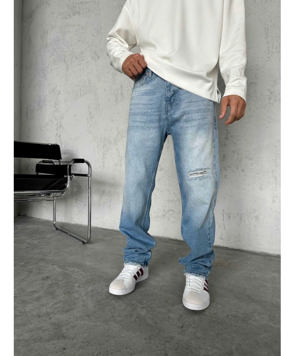 Erkek Rahat Kalıp Baggy Kot Pantolon -A Mavi