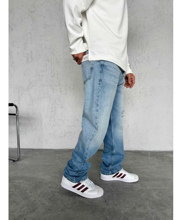 Erkek Rahat Kalıp Baggy Kot Pantolon -A Mavi