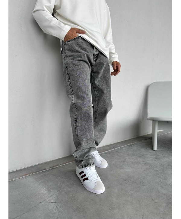 Erkek Rahat Kalıp Baggy Kot Pantolon -Açık Gri