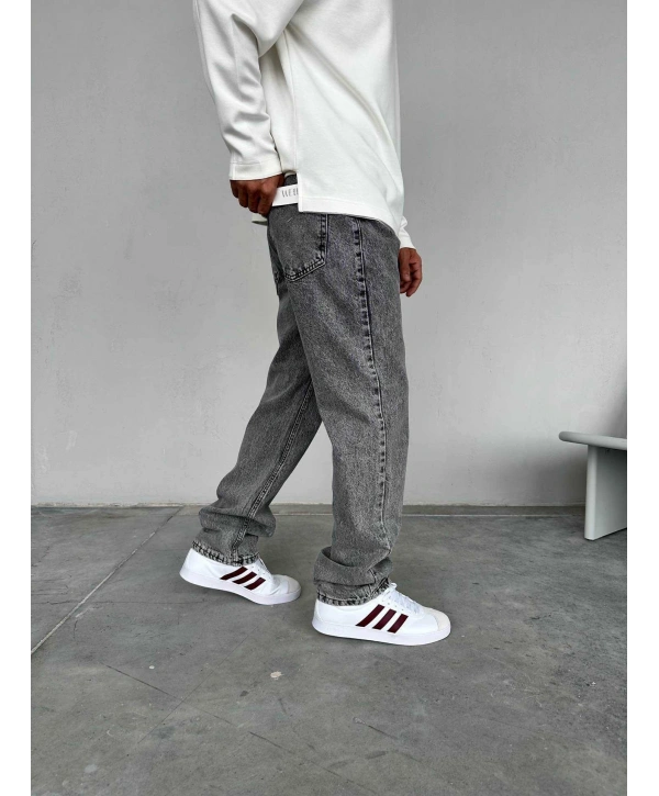 Erkek Rahat Kalıp Baggy Kot Pantolon -Açık Gri
