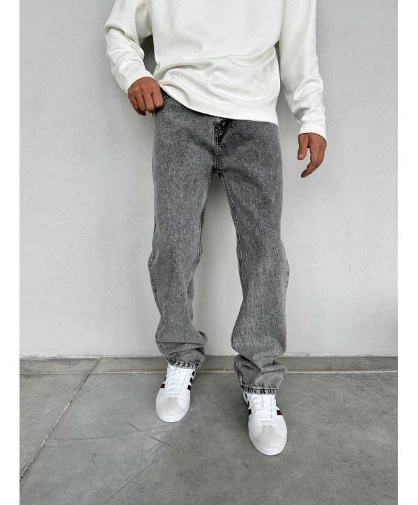 Erkek Rahat Kalıp Baggy Kot Pantolon -Açık Gri