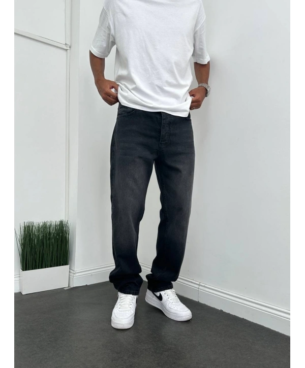 Erkek Rahat Kalıp Baggy Kot Pantolon- Füme