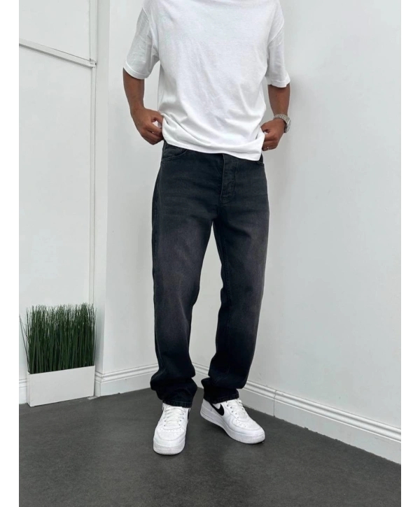 Erkek Rahat Kalıp Baggy Kot Pantolon - Füme