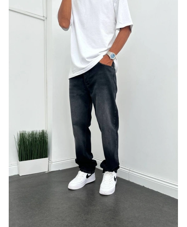 Erkek Rahat Kalıp Baggy Kot Pantolon- Füme