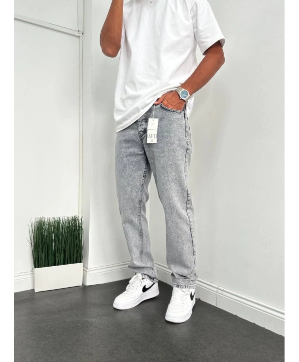 Erkek Rahat Kalıp Baggy Kot Pantolon- Gri
