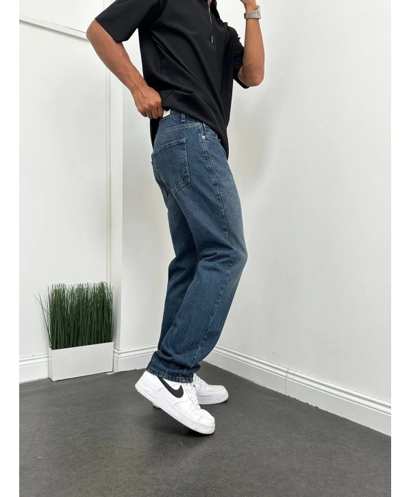 Erkek Rahat Kalıp Baggy Kot Pantolon - Koyu -Mavi