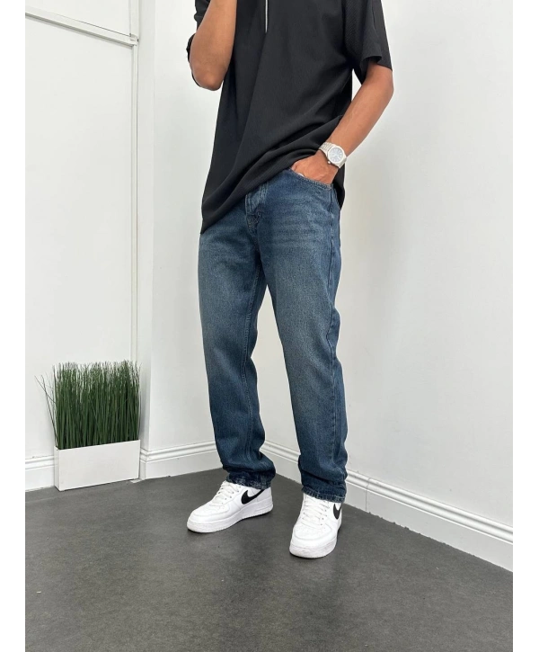 Erkek Rahat Kalıp Baggy Kot Pantolon - Koyu -Mavi