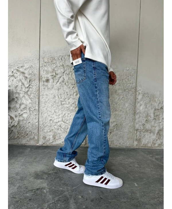 Erkek Rahat Kalıp Baggy Kot Pantolon- Mavi