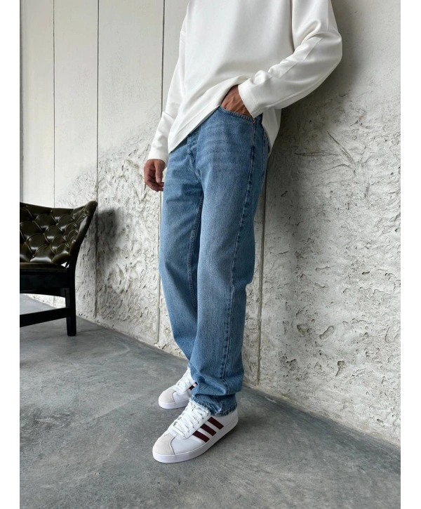 Erkek Rahat Kalıp Baggy Kot Pantolon- Mavi