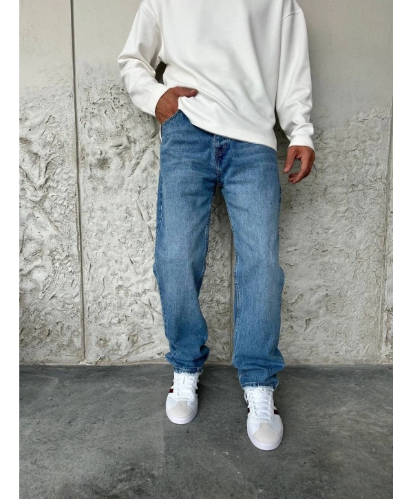 Erkek Rahat Kalıp Baggy Kot Pantolon- Mavi