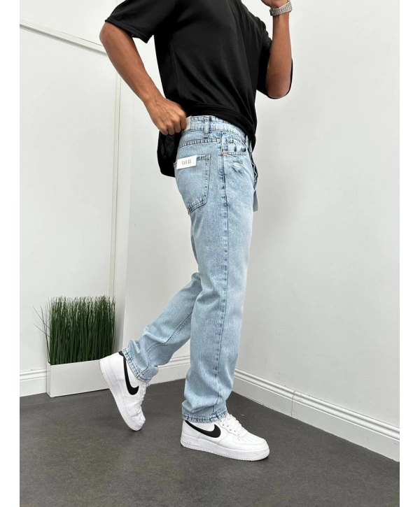 Erkek Rahat Kalıp Kar Yıkamalı Baggy Kot Pantolon - A Mavi
