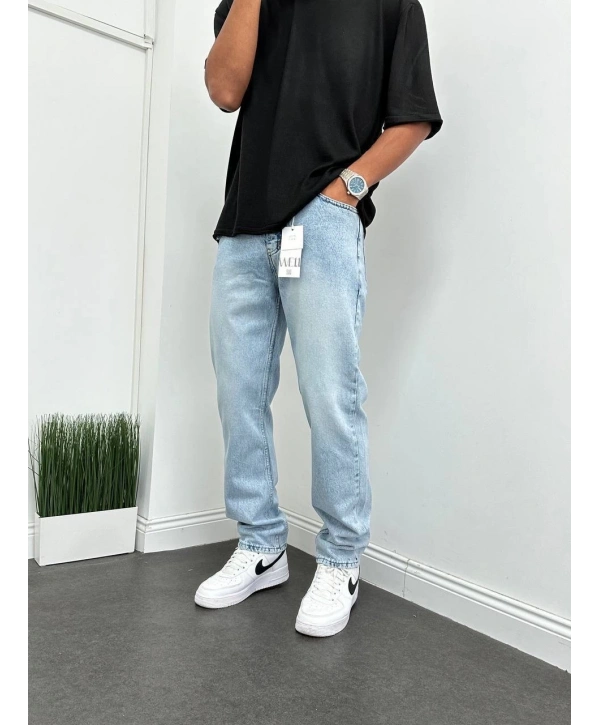 Erkek Rahat Kalıp Kar Yıkamalı Baggy Kot Pantolon - A Mavi