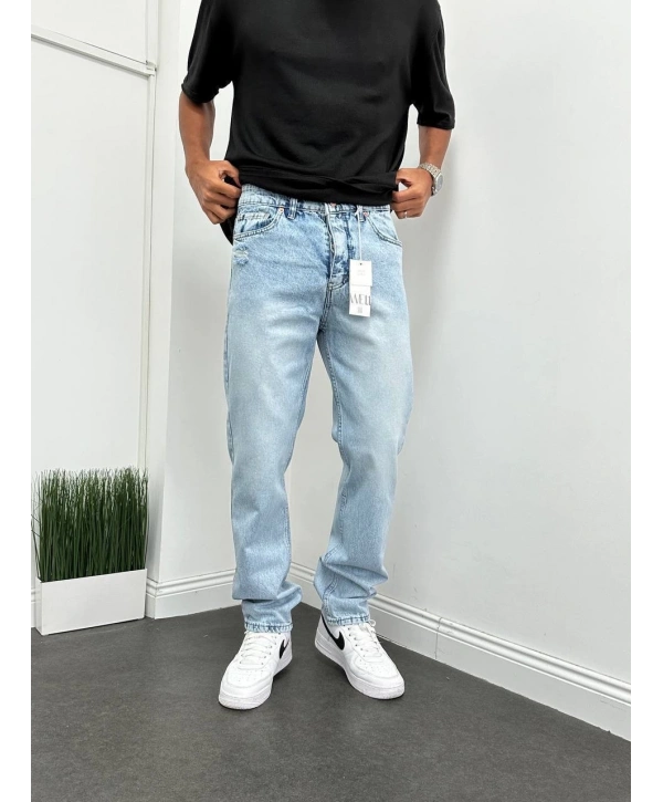 Erkek Rahat Kalıp Kar Yıkamalı Baggy Kot Pantolon - A Mavi