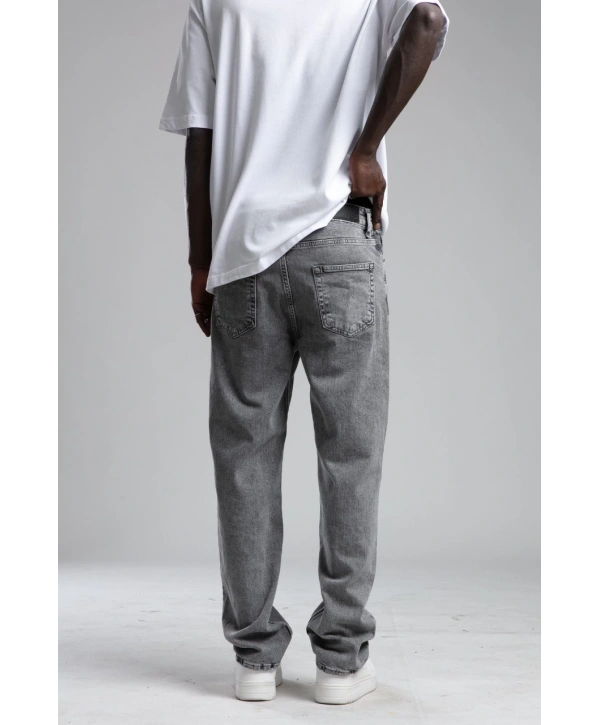 Erkek Rahat Kalıp Nakışlı Bagy Kot Pantolon -Gri