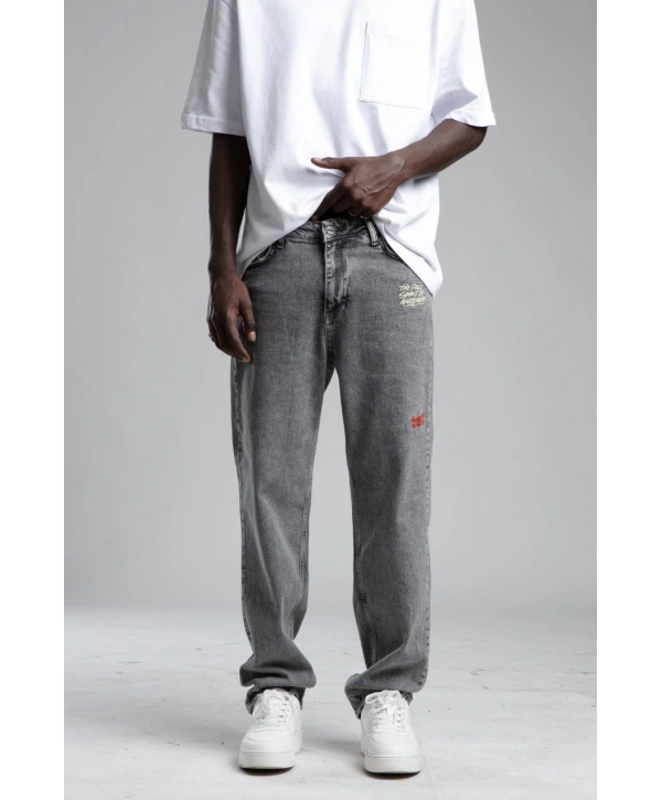Erkek Rahat Kalıp Nakışlı Bagy Kot Pantolon -Gri